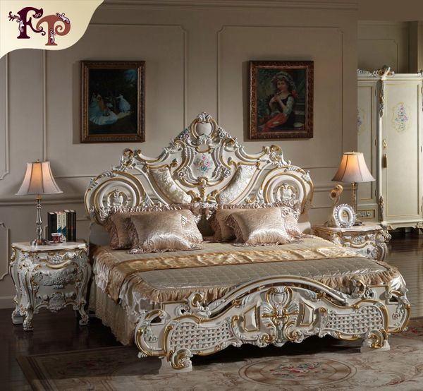 

Французская рококо классическая европейская мебель - кровать с позолотой из массива дерева в стиле барокко