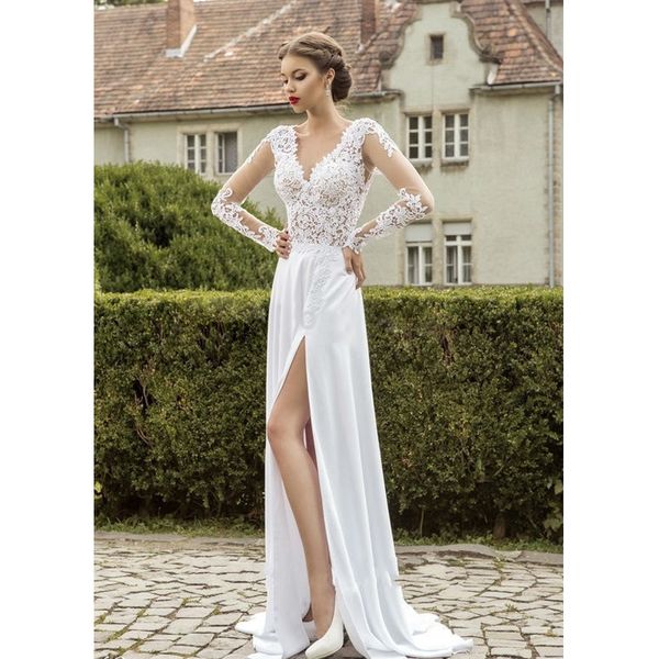 v-neck backless beach wedding dresses long sleeve lace high slits a-line bridal gown plus size vestido de noiva, White
v-neck backless beach wedding dresses long sleeve lace high slits a-line bridal gown plus size vestido de noiva, White