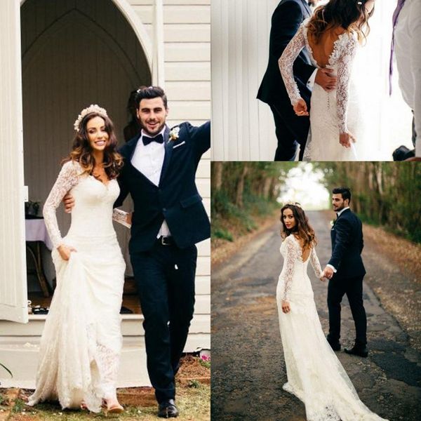 2018 vintage lace appliques wedding dresses with long sleeve v-neck train sweep backless spring autumn backless bridal dress, White 
2018 vintage lace appliques wedding dresses with long sleeve v-neck train sweep backless spring autumn backless bridal dress, White
