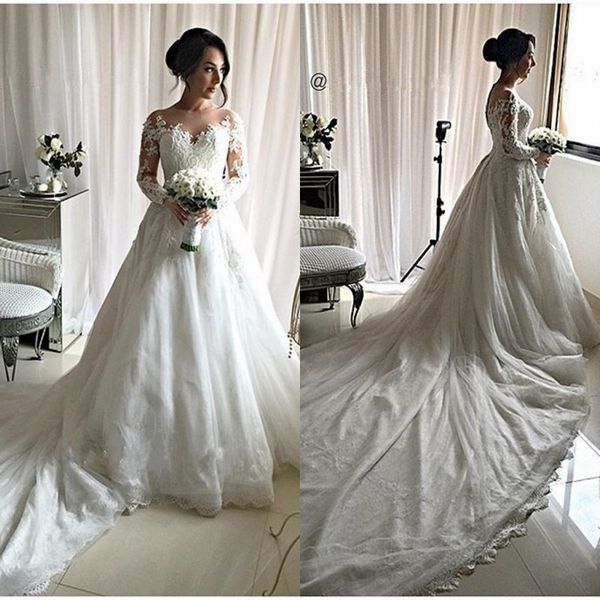 vintage lace wedding dresses a line 2017 sheer jewel neck new long sleeves appliques cathedral train bridal gowns vestidos de novia, White
vintage lace wedding dresses a line 2017 sheer jewel neck new long sleeves appliques cathedral train bridal gowns vestidos de novia, White