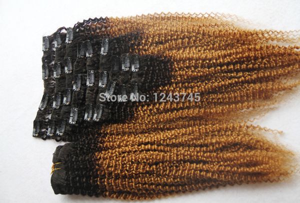 

wholesale-brazilian kinky curly t1b/27 ombre 9/ps 6a unprocessed hair virgin 100% human weave clip in hair human extensions 100g, Black;brown