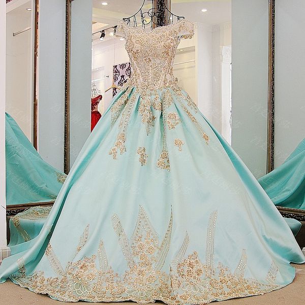 light blue with gold applique prom dresses 2017 cap sleeves sequins beaded evening gowns lace up a line formal party dresses, Black
light blue with gold applique prom dresses 2017 cap sleeves sequins beaded evening gowns lace up a line formal party dresses, Black