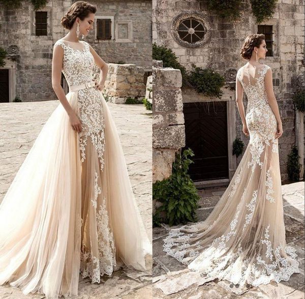 2018 champagne lace mermaid wedding dresses detachable skirt tulle appliques vestido de noiva see through bridal gowns, White
2018 champagne lace mermaid wedding dresses detachable skirt tulle appliques vestido de noiva see through bridal gowns, White