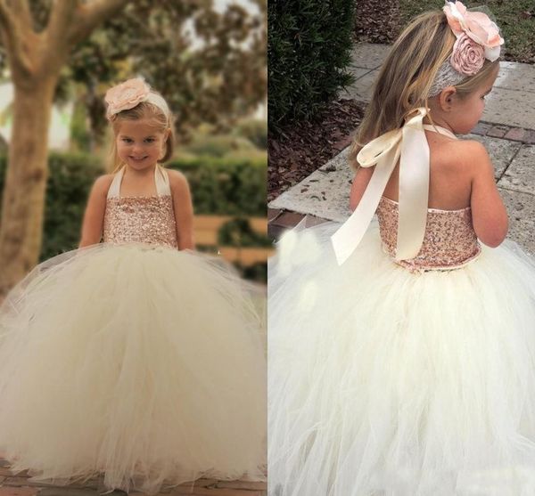 2018 ball gown flower girl dresses for wedding halter tulle sequined tutu kids toddler baby birthday pageant gown, White;blue