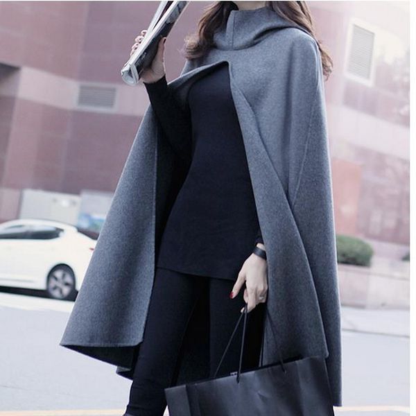 

wholesale-fashion women's hooded capes and ponchoes autumn winter women's elegant gray cloak blend cape female hoody poncho wt0013-g, Black