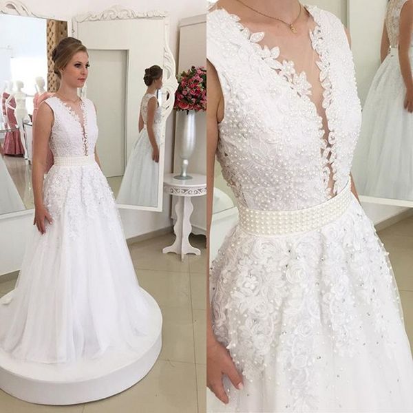 2019 гламурные драматические-line v-образным вырезом кружева формальные свадебные платья длиной до пола бисером кружева up элегантные свадеб, White 
2019 гламурные драматические-line v-образным вырезом кружева формальные свадебные платья длиной до пола бисером кружева up элегантные свадеб, White