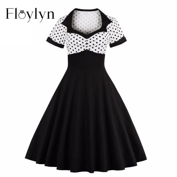 

wholesale- floylyn 2017 short sleeve summer women dress s-4xl plus size polka dot 50s 60s swing retro vintage dress black and white, White;black