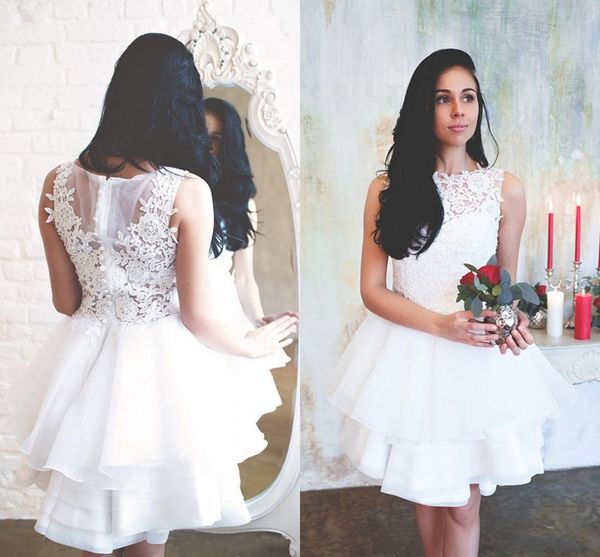 2020 simple short wedding dresses jewel neck lace appliques beaded sleeveless illusion button back tiered ruffles plus size bridal gowns, White
2020 simple short wedding dresses jewel neck lace appliques beaded sleeveless illusion button back tiered ruffles plus size bridal gowns, White