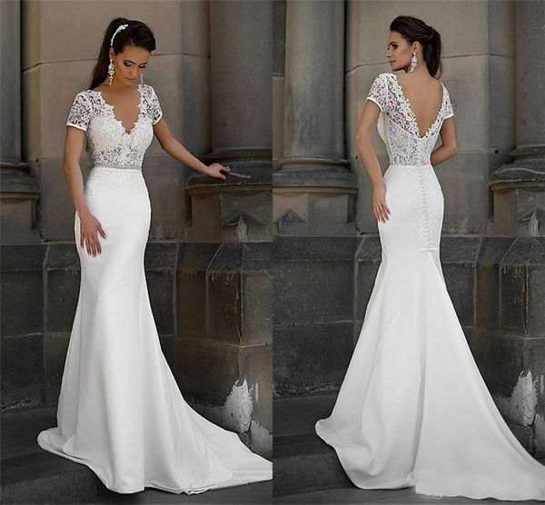 sheer v-neck short sleeves illusion bodice fitted button back bridal gowns new backless lace bodice v-neck mermaid wedding dresses, White
sheer v-neck short sleeves illusion bodice fitted button back bridal gowns new backless lace bodice v-neck mermaid wedding dresses, White
