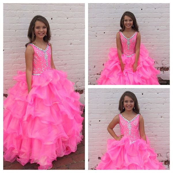 

2016 Pink Girls Pageant Dresses Long Length with V Neck and Sleeveless Beaded Ruffled Organza Ballgown Kids Pageant Gowns Custom Made