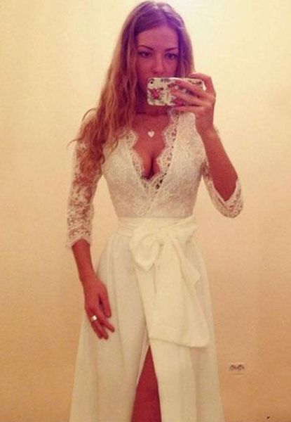 deep v neck lace half long sleeve prom dresses 2017 white chiffon a line elegant evening gowns high split formal party dresses, Black
deep v neck lace half long sleeve prom dresses 2017 white chiffon a line elegant evening gowns high split formal party dresses, Black