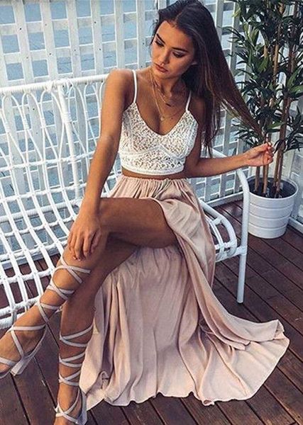 two pieces spaghetti strap prom dresses appliques lace prom dresses satin high slit evening dresses, Black
two pieces spaghetti strap prom dresses appliques lace prom dresses satin high slit evening dresses, Black