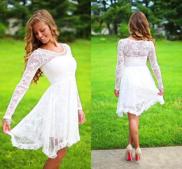 2017 Sheer Long Sleeves Beach Lace Short Wedding Dresses Knee Length Scoop Crystal Cheap Beach Gowns For Bridal Party
2017 Sheer Long Sleeves Beach Lace Short Wedding Dresses Knee Length Scoop Crystal Cheap Beach Gowns For Bridal Party
