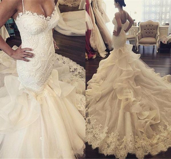maison yeya spaghetti lace organza mermaid wedding dresses 2018 luxury cathedral train ruffles skirt custom make church civil wedding gowns, White
maison yeya spaghetti lace organza mermaid wedding dresses 2018 luxury cathedral train ruffles skirt custom make church civil wedding gowns, White