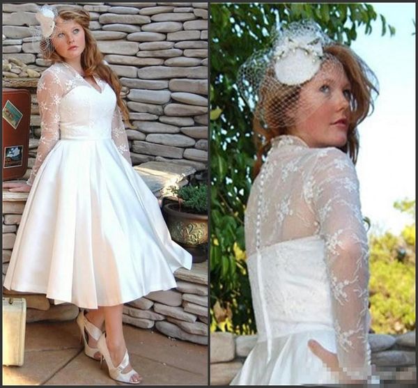 v neck a line tea length lace wedding dresses with covered button back long sleeves vintage short summer spring beach bridal gowns, White
v neck a line tea length lace wedding dresses with covered button back long sleeves vintage short summer spring beach bridal gowns, White