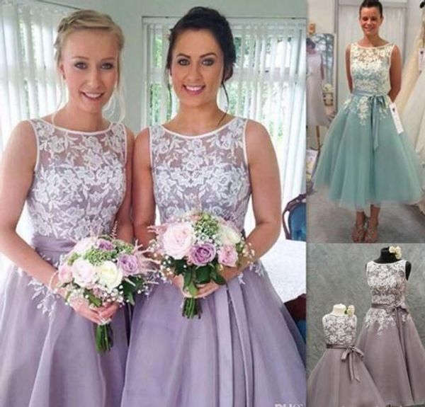 new short tea length bridesmaid dresses lace appliques sheer bateau neck lavender purple blue organza wedding party gowns with sash, White;pink
new short tea length bridesmaid dresses lace appliques sheer bateau neck lavender purple blue organza wedding party gowns with sash, White;pink