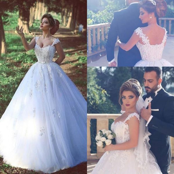 2016 new arabic wedding dresses sweetheart cap sleeves illusion lace appliques beaded full length tulle plus size said mhamad bridal gowns, White
2016 new arabic wedding dresses sweetheart cap sleeves illusion lace appliques beaded full length tulle plus size said mhamad bridal gowns, White
