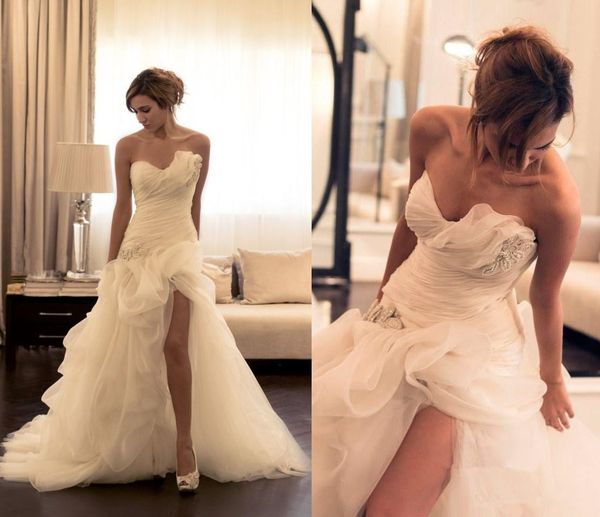 retro 2021 organza sheath wedding dresses ruched asymmetrical sweetheart neckline crystals beaded side split bridal gowns, White
retro 2021 organza sheath wedding dresses ruched asymmetrical sweetheart neckline crystals beaded side split bridal gowns, White
