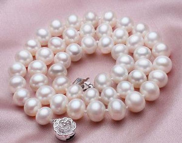 8-9mm White AKoya Pearl Necklace 18inch Beaded Necklaces 925 Silver Clasp