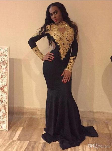 2017 african high neck black girl mermaid prom dresses sweep train gold appliques lace long sleeve evening prom dress party gown, Black;red
2017 african high neck black girl mermaid prom dresses sweep train gold appliques lace long sleeve evening prom dress party gown, Black;red
