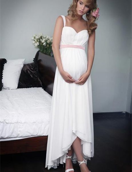 new elegant pregnant wedding dress spaghetti straps pink sash chiffon high low matertiny bridal gown vestido de noiva custom size, White
new elegant pregnant wedding dress spaghetti straps pink sash chiffon high low matertiny bridal gown vestido de noiva custom size, White
