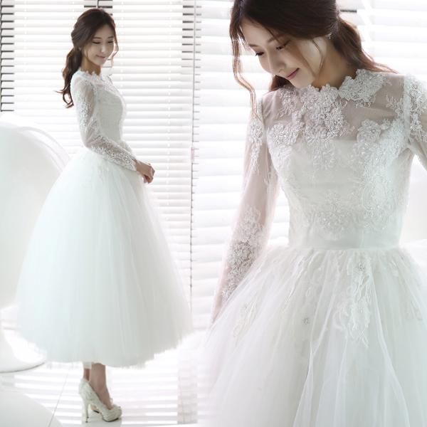 fashion style ankle length wedding dress long sleeve jewel neck beaded lace a line short bridal gowns, White
fashion style ankle length wedding dress long sleeve jewel neck beaded lace a line short bridal gowns, White