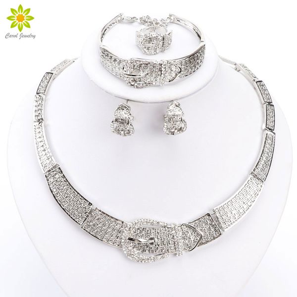 

Женщины серебряный / позолоченный Дубай Африканский белый CZ Алмаз австрийский Кристалл ожерелье браслет серьги кольцо свадебный комплект ювелирных изделий