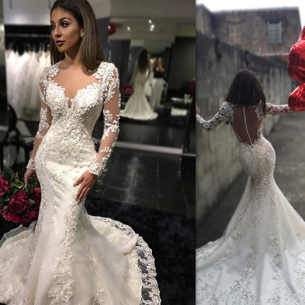 2019 ivory long sleeve mermaid wedding dresses lace applique sweetheart illusion back sweep train long sleeves bridal of gowns, White
2019 ivory long sleeve mermaid wedding dresses lace applique sweetheart illusion back sweep train long sleeves bridal of gowns, White