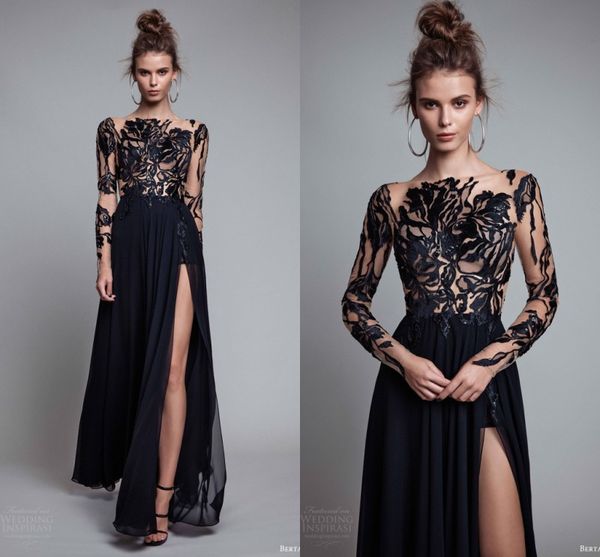 elegant black lace applique evening dresses with illusion long sleeve 2017 chiffon floor length side split prom dresses formal party dresse, Black;red
elegant black lace applique evening dresses with illusion long sleeve 2017 chiffon floor length side split prom dresses formal party dresse, Black;red