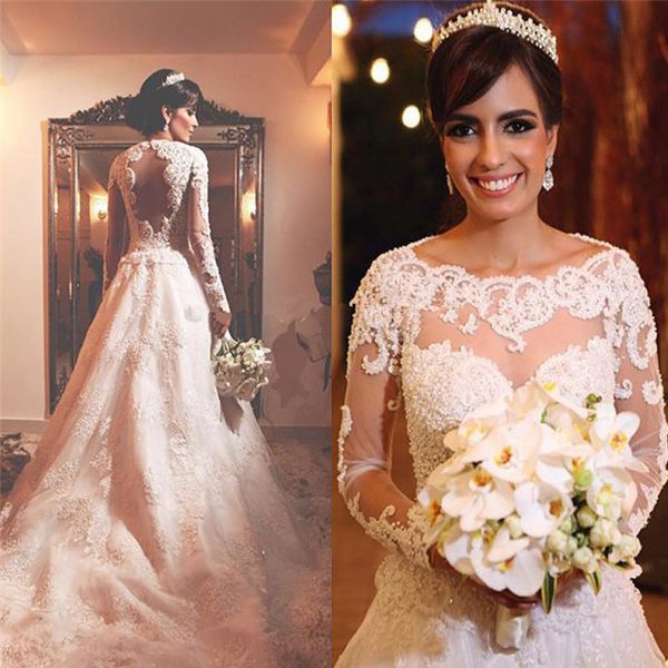 stunning arabic wedding dress illusion neckline sheer long sleeves exquisite beaded lace appliques open back bridal gowns sweep train, White
stunning arabic wedding dress illusion neckline sheer long sleeves exquisite beaded lace appliques open back bridal gowns sweep train, White
