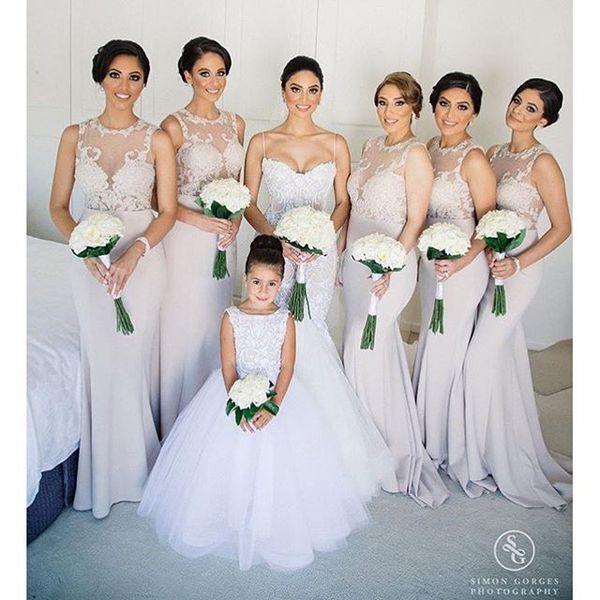 elegant elastic satin mermaid bridesmaid dresses 2017 lace bodice sheer jewel neck sweep train sleeveless formal party dresses, White;pink
elegant elastic satin mermaid bridesmaid dresses 2017 lace bodice sheer jewel neck sweep train sleeveless formal party dresses, White;pink