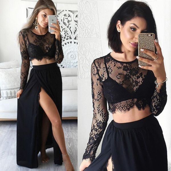 2018 black lace 2 pieces evening dresses illusion long sleeves high slits chiffon prom party dress formal gown, Black;red
2018 black lace 2 pieces evening dresses illusion long sleeves high slits chiffon prom party dress formal gown, Black;red