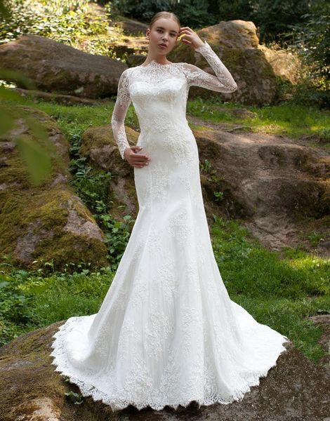 2019 winter long sleeve wedding dresses bateau neck full lace sweep train mermaid bridal gowns lace up back custom made, White
2019 winter long sleeve wedding dresses bateau neck full lace sweep train mermaid bridal gowns lace up back custom made, White