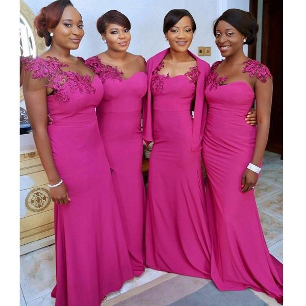 2018 african fuchsia mermaid bridesmaid dresses sheer neck appliques short sleeves satin jacket wrap wedding gust dress maid of honor gowns, White;pink
2018 african fuchsia mermaid bridesmaid dresses sheer neck appliques short sleeves satin jacket wrap wedding gust dress maid of honor gowns, White;pink