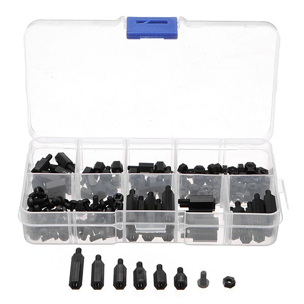 180pcs m3 nylon black m-f hex spacers screw nut assortment kit