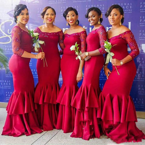 nigeria dark red mermaid bridesmaid dresses beaded sheer long sleeve tiered maid of honor gowns plus size ruffles wedding guest dresses, White;pink
nigeria dark red mermaid bridesmaid dresses beaded sheer long sleeve tiered maid of honor gowns plus size ruffles wedding guest dresses, White;pink