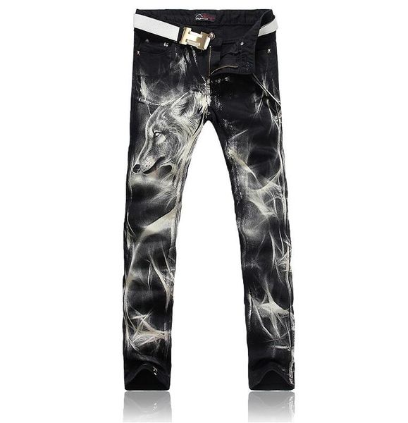 2016 spring and autumn fashion men wolf paint stretch denim jeans slim black painted straight pants long trousers, Blue
2016 spring and autumn fashion men wolf paint stretch denim jeans slim black painted straight pants long trousers, Blue