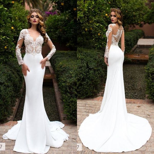 berta 2018 mermaid wedding dresses long sleeve v neck lace appliqued trumpet bridal gowns plus size satin wedding dress, White 
berta 2018 mermaid wedding dresses long sleeve v neck lace appliqued trumpet bridal gowns plus size satin wedding dress, White