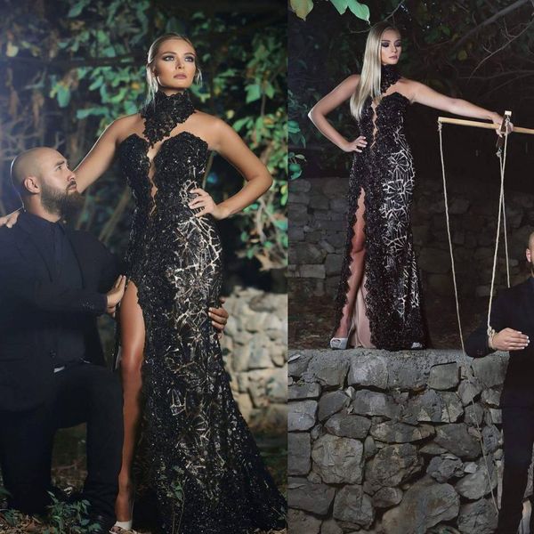 black split evening dresses high neckline beads mermaid arabic prom gowns sequined lace floor length formal dress, Black;red
black split evening dresses high neckline beads mermaid arabic prom gowns sequined lace floor length formal dress, Black;red