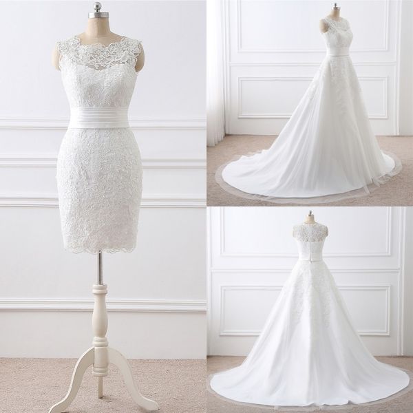 sheer neck lace wedding dress detachable train a line applique vintage short beach bridal gowns with court train, White
sheer neck lace wedding dress detachable train a line applique vintage short beach bridal gowns with court train, White