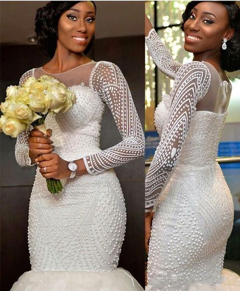2018 bling african nigeria new mermaid wedding dresses jewel neck long sleeves crystal beaded pearls sweep train custom formal bridal gowns, White
2018 bling african nigeria new mermaid wedding dresses jewel neck long sleeves crystal beaded pearls sweep train custom formal bridal gowns, White
