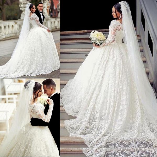 vintage lace ball gown wedding dress long sleeve applique court train sheer bridal gowns arabic women dresses plus size, White
vintage lace ball gown wedding dress long sleeve applique court train sheer bridal gowns arabic women dresses plus size, White