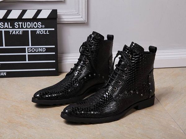 fashion forward black men leather shoes high pointed toe lace up short ankle boot man python snake pattern rivets zapatos
fashion forward black men leather shoes high pointed toe lace up short ankle boot man python snake pattern rivets zapatos