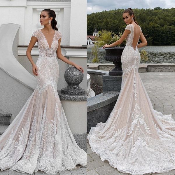 elegant mermaid wedding dress v neck cap sleeves full lace appliqued backless sweep train sheer beach bridal gowns, White
elegant mermaid wedding dress v neck cap sleeves full lace appliqued backless sweep train sheer beach bridal gowns, White
