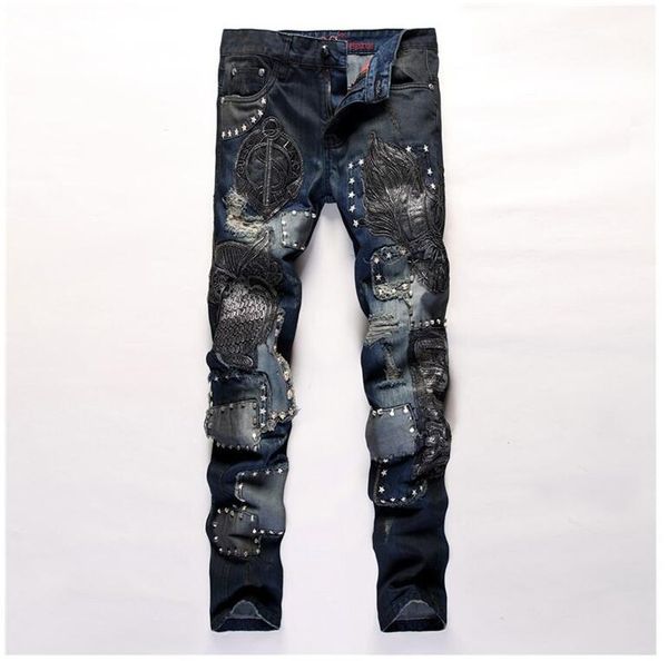 brand fashion patchwork straight embroidery rivets punk men's skinny jeans robbin jeans hip hop fit men biker jeans, Blue
brand fashion patchwork straight embroidery rivets punk men's skinny jeans robbin jeans hip hop fit men biker jeans, Blue