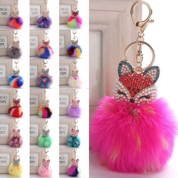 

rainbow color fur ball with artificial fox head inlay pearl rhinestone key chain for womens bag or cellphone car pendant dhl b763s, Slivery;golden