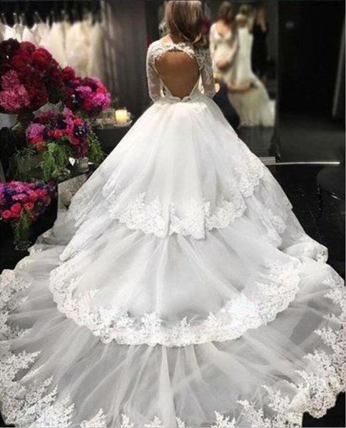 open back long sleeve ball gown wedding dresses tiers princess lace wedding gowns luxurious v neck bride dresses vestido de renda, White
open back long sleeve ball gown wedding dresses tiers princess lace wedding gowns luxurious v neck bride dresses vestido de renda, White