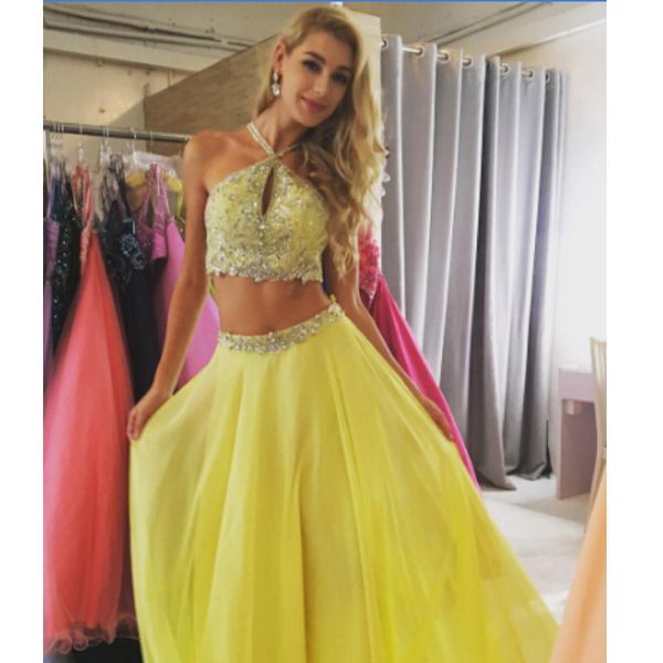 yellow prom dress daffodil haltered front key hole two piece beaded evening dresses, Black
yellow prom dress daffodil haltered front key hole two piece beaded evening dresses, Black