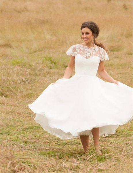 spring tea length wedding dresses short sleeve scalloped neck lace chiffon a line short romantic bridal gowns custom made, White
spring tea length wedding dresses short sleeve scalloped neck lace chiffon a line short romantic bridal gowns custom made, White