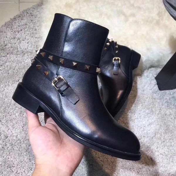 new~u802 black genuine leather motorcycle short boots flats luxury designer elle